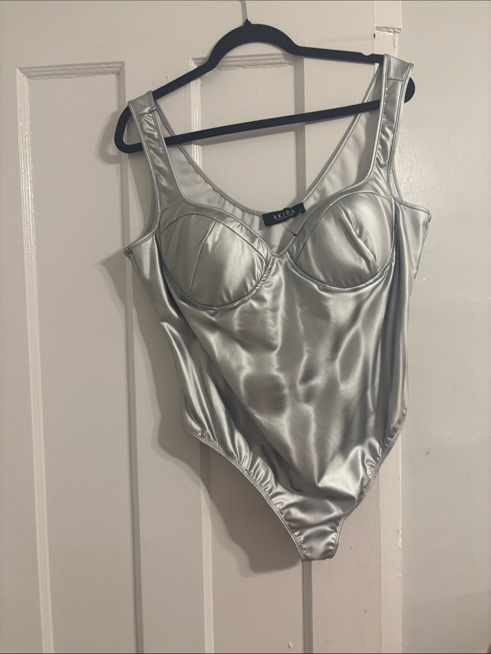 AKIRA Shiny Silver Satin Sculpted Bodysuit